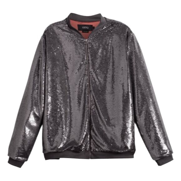 GSTQ Sequin Embellished Bomber Jacket Gray Knit S - Picture 1 of 10